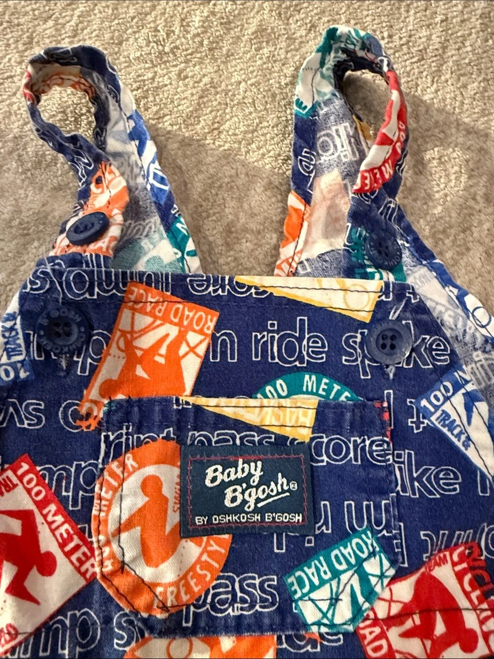 Vintage Baby B’gosh OshKosh USA Sports Print Romper Overalls 18M